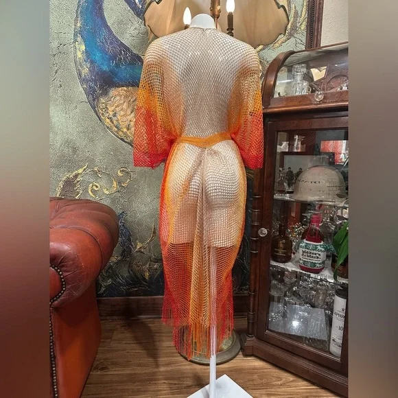 Boho Sunset Ombre Mesh Maxi Kimono Cover-Up Fringe Festival Beach Party O/S - Picture 6 of 11